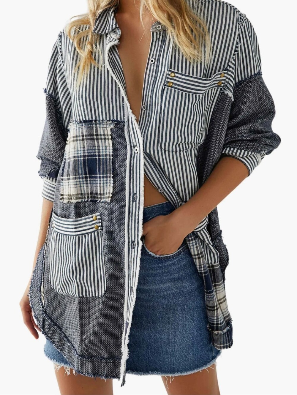 We The Free Navy & White Patchwork Striped Shirt Jacket